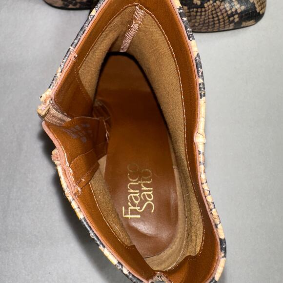 Franco Sarto Snake Print Ankle Boots Sz 7.5M Tan Black Block Heel Leather Bootie - Picture 6 of 7